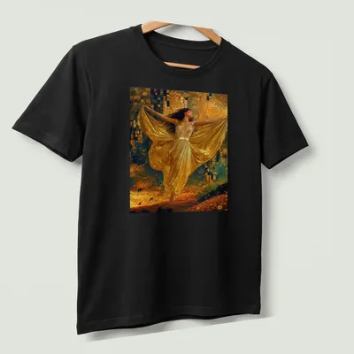 Art nouveau style T-shirt featuring a golden dancer with flowing lines in blue, green, and orange — printed on a unisex t-shirt (angled view)