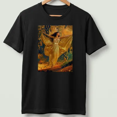 Art nouveau style T-shirt featuring a golden dancer with flowing lines in blue, green, and orange