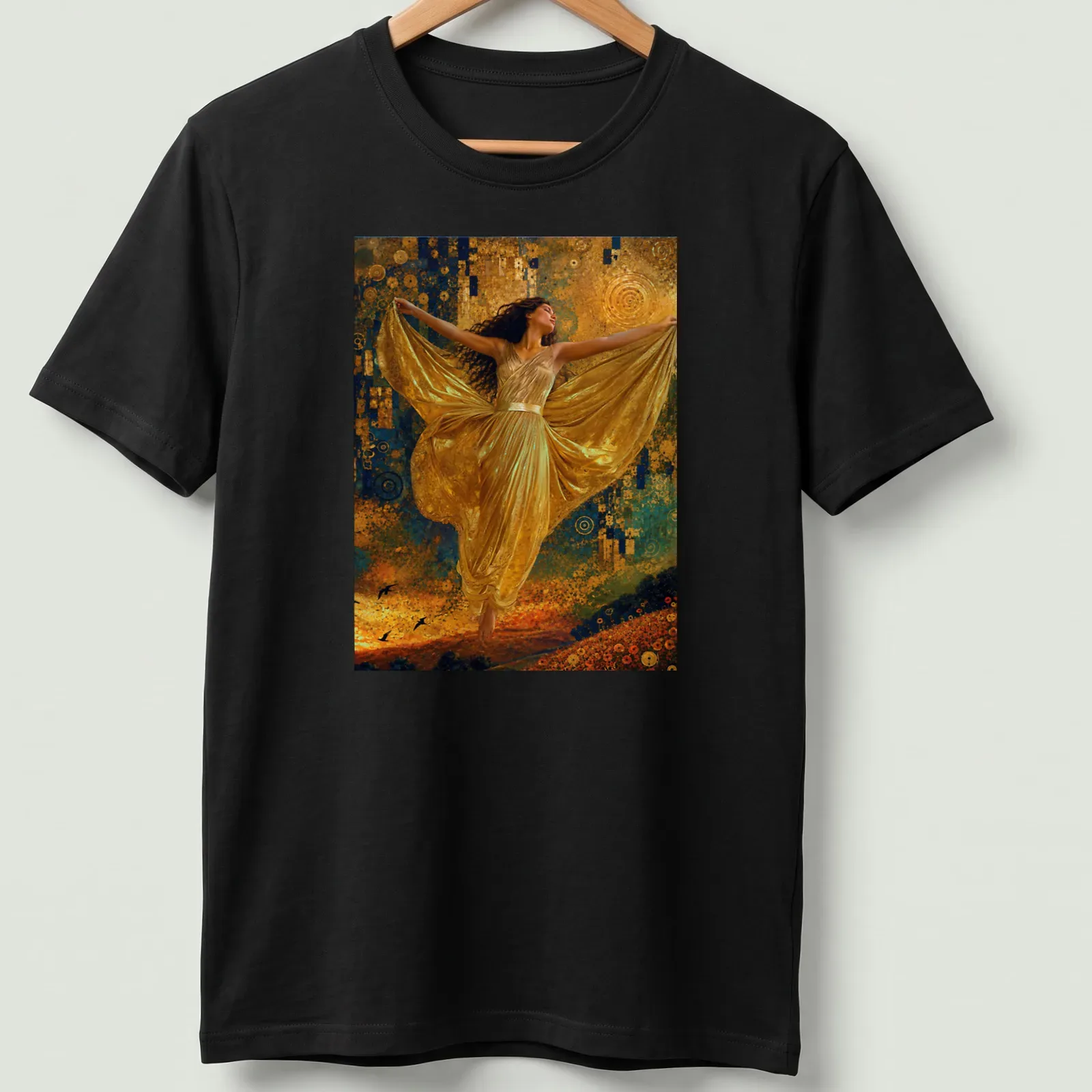 Art nouveau style T-shirt featuring a golden dancer with flowing lines in blue, green, and orange — printed on a unisex t-shirt