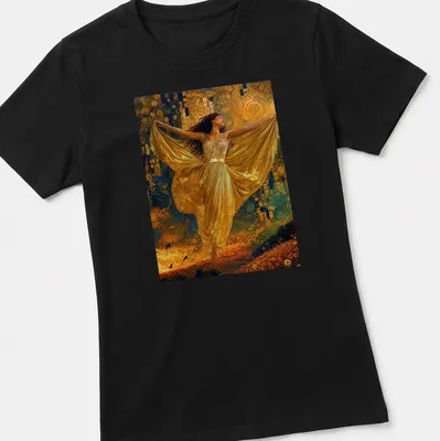 Art nouveau style T-shirt featuring a golden dancer with flowing lines in blue, green, and orange — printed on a women's shirt