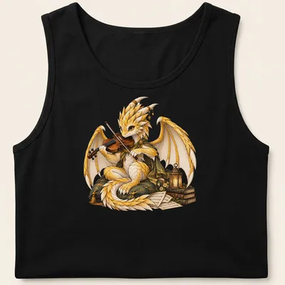 Illustration of a golden dragon bard playing violin with books and lantern — printed on a tank top