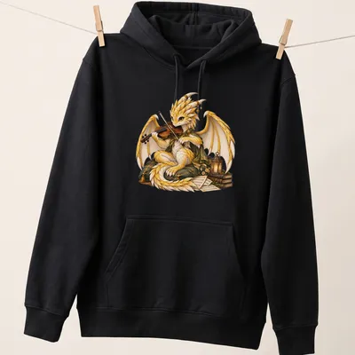 Illustration of a golden dragon bard playing violin with books and lantern — printed on a unisex hoodie