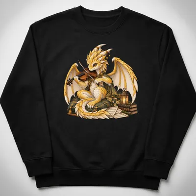 Illustration of a golden dragon bard playing violin with books and lantern — printed on a unisex sweatshirt