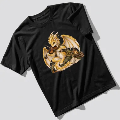 Illustration of a golden dragon bard playing violin with books and lantern