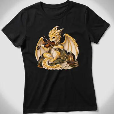 Illustration of a golden dragon bard playing violin with books and lantern — printed on a women's shirt