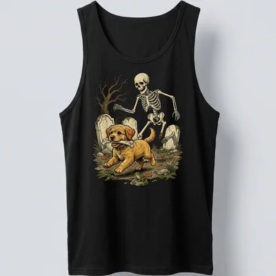Vintage illustration of a Goldendoodle dog skeleton running with a bone — printed on a tank top