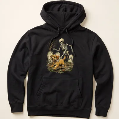 Vintage illustration of a Goldendoodle dog skeleton running with a bone — printed on a unisex hoodie