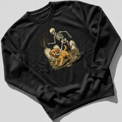 Vintage illustration of a Goldendoodle dog skeleton running with a bone — printed on a unisex sweatshirt