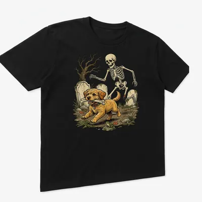 Vintage illustration of a Goldendoodle dog skeleton running with a bone — printed on a unisex t-shirt (angled view)