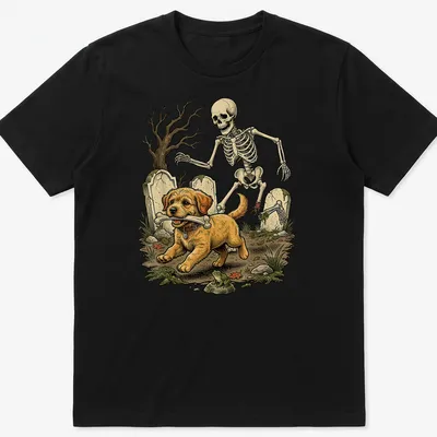 Vintage illustration of a Goldendoodle dog skeleton running with a bone