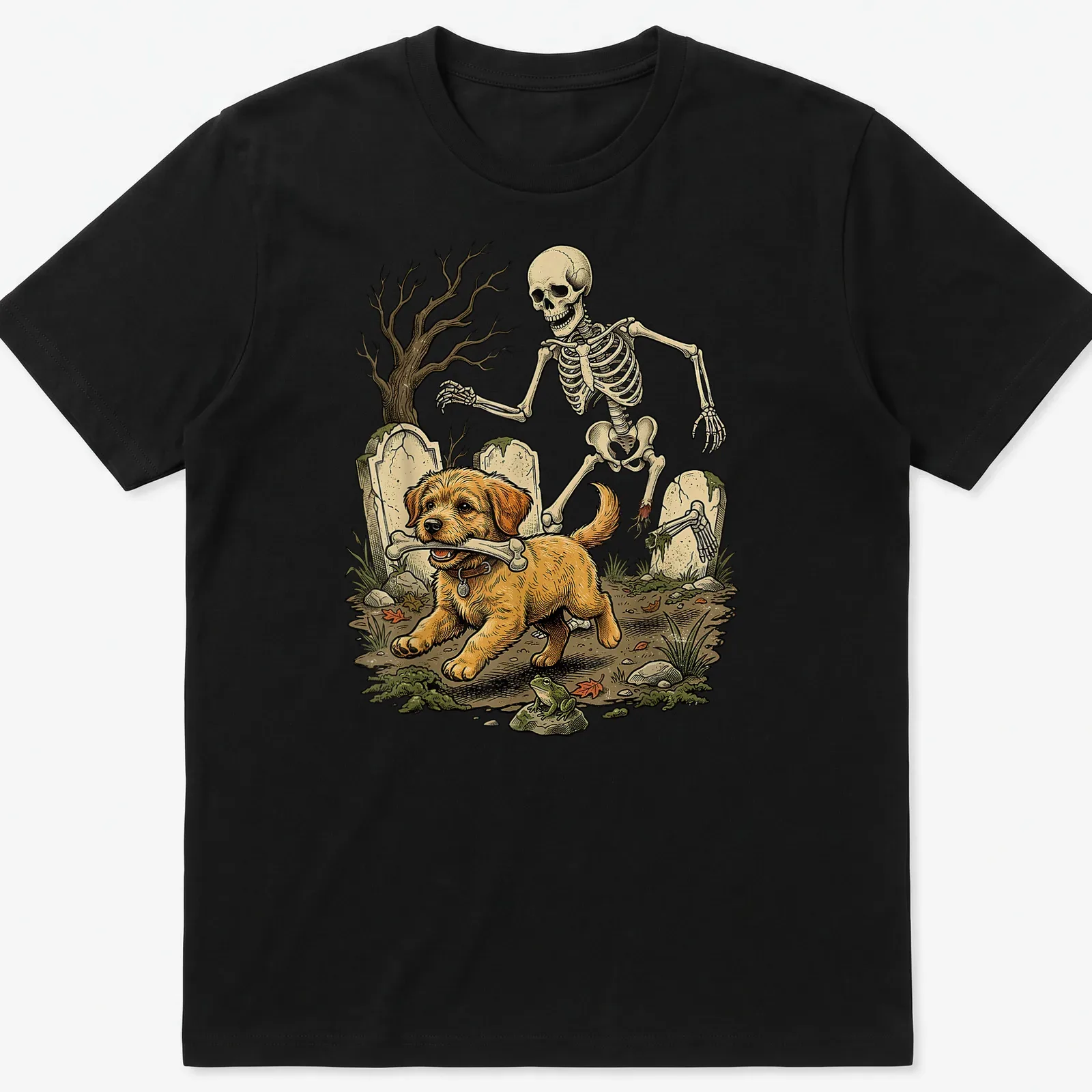 Vintage illustration of a Goldendoodle dog skeleton running with a bone — printed on a unisex t-shirt