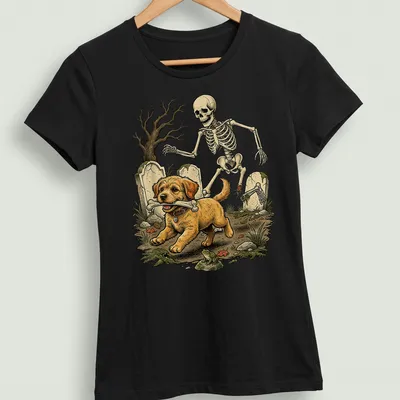 Vintage illustration of a Goldendoodle dog skeleton running with a bone — printed on a women's shirt