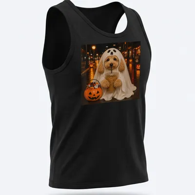 Whimsical Goldendoodle ghost holding a boba drink in Halloween colors — printed on a tank top