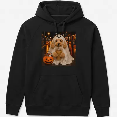 Whimsical Goldendoodle ghost holding a boba drink in Halloween colors — printed on a unisex hoodie