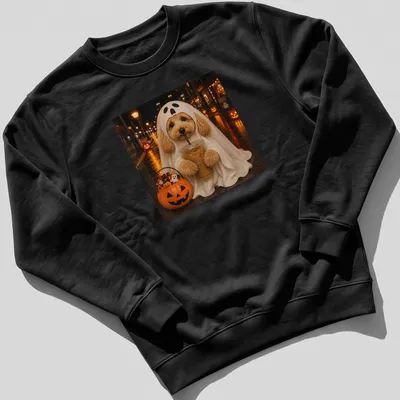 Whimsical Goldendoodle ghost holding a boba drink in Halloween colors — printed on a unisex sweatshirt