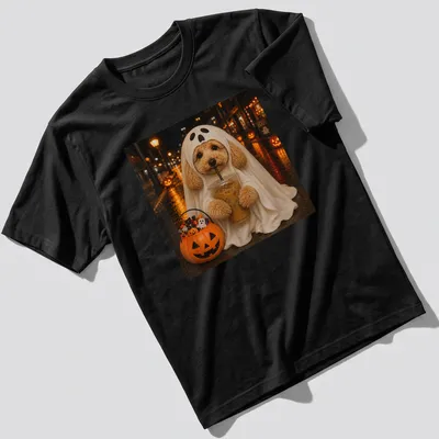 Whimsical Goldendoodle ghost holding a boba drink in Halloween colors