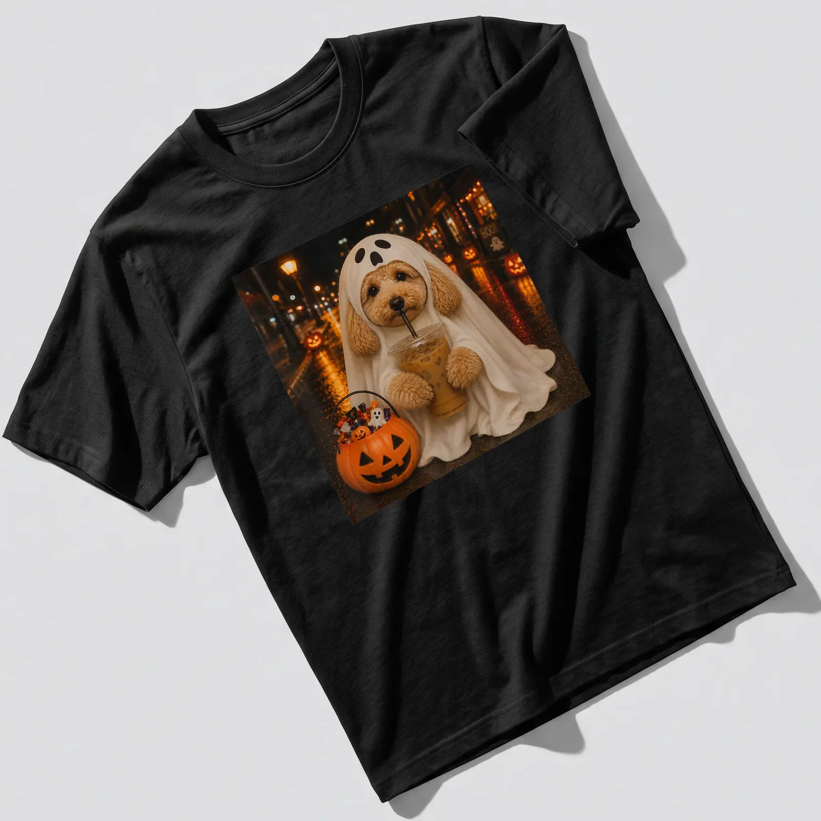 Whimsical Goldendoodle ghost holding a boba drink in Halloween colors — printed on a unisex t-shirt