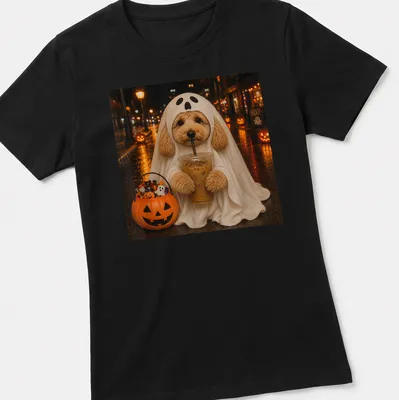 Whimsical Goldendoodle ghost holding a boba drink in Halloween colors — printed on a women's shirt