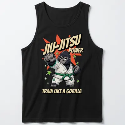 Cartoon gorilla in a jiu-jitsu gi with humorous text about training power — printed on a tank top