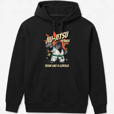 Cartoon gorilla in a jiu-jitsu gi with humorous text about training power — printed on a unisex hoodie