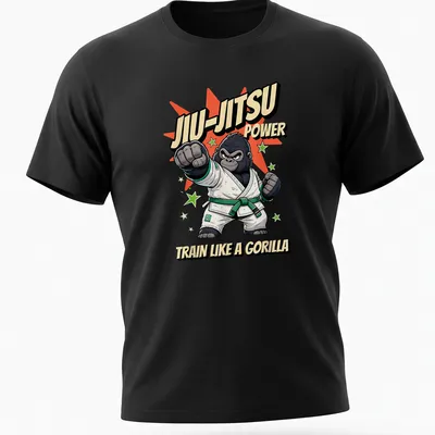 Cartoon gorilla in a jiu-jitsu gi with humorous text about training power