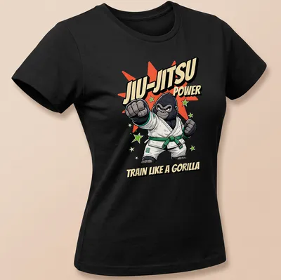 Cartoon gorilla in a jiu-jitsu gi with humorous text about training power — printed on a women's shirt