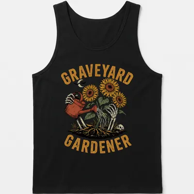 Vintage illustration of a skeleton watering sunflowers with the text 'GRAVEYARD GARDENER' — printed on a tank top