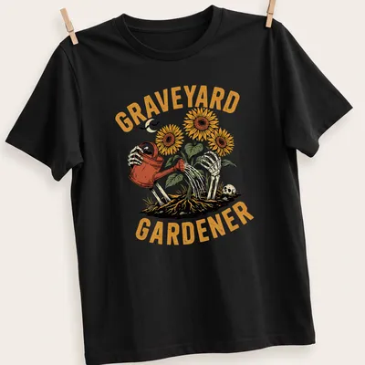 Vintage illustration of a skeleton watering sunflowers with the text 'GRAVEYARD GARDENER'