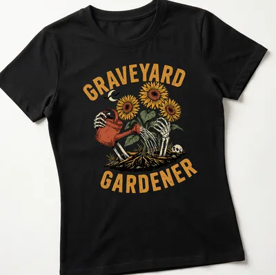 Vintage illustration of a skeleton watering sunflowers with the text 'GRAVEYARD GARDENER' — printed on a women's shirt