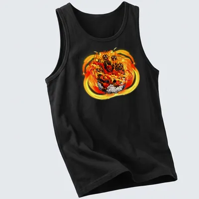 Illustration of Great King Enma surrounded by flames in vibrant anime style — printed on a tank top