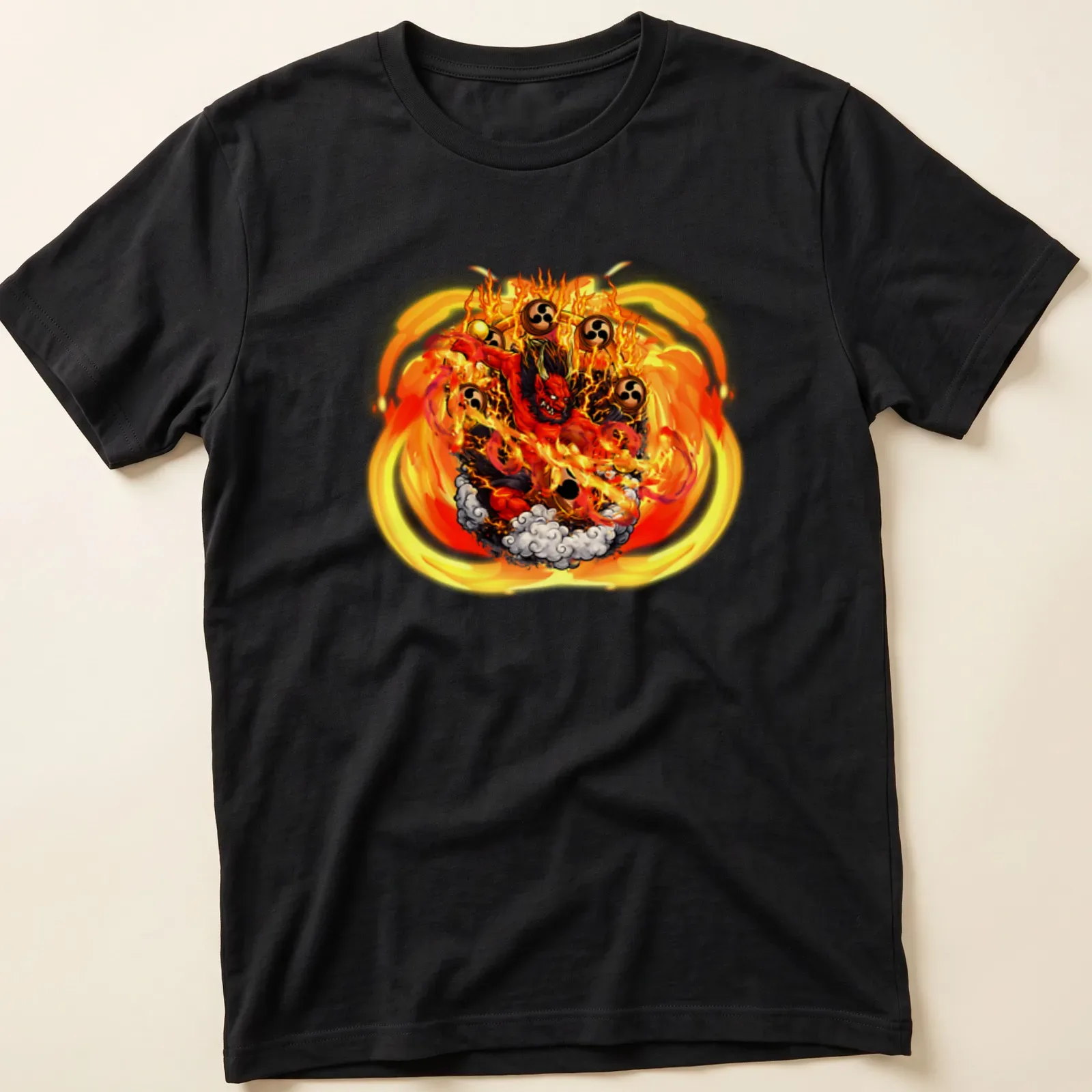 Illustration of Great King Enma surrounded by flames in vibrant anime style — printed on a unisex t-shirt