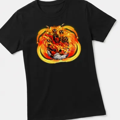 Illustration of Great King Enma surrounded by flames in vibrant anime style — printed on a women's shirt
