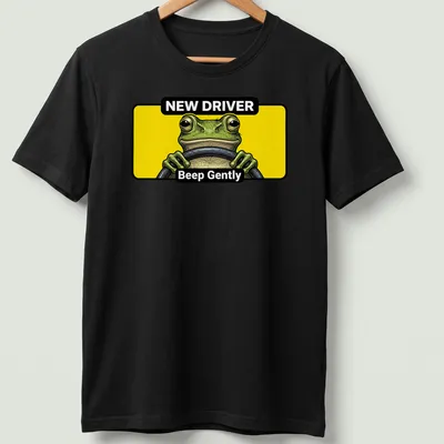 Cartoon green frog with text 'NEW DRIVER Beep Gently' in yellow and black