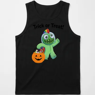 Cartoonish green monster with Trick or Treat text in orange and black. — printed on a tank top