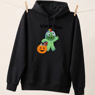 Cartoonish green monster with Trick or Treat text in orange and black. — printed on a unisex hoodie