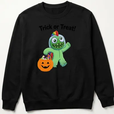 Cartoonish green monster with Trick or Treat text in orange and black. — printed on a unisex sweatshirt