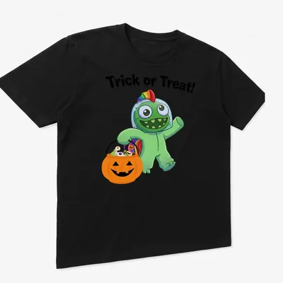 Cartoonish green monster with Trick or Treat text in orange and black. — printed on a unisex t-shirt (angled view)