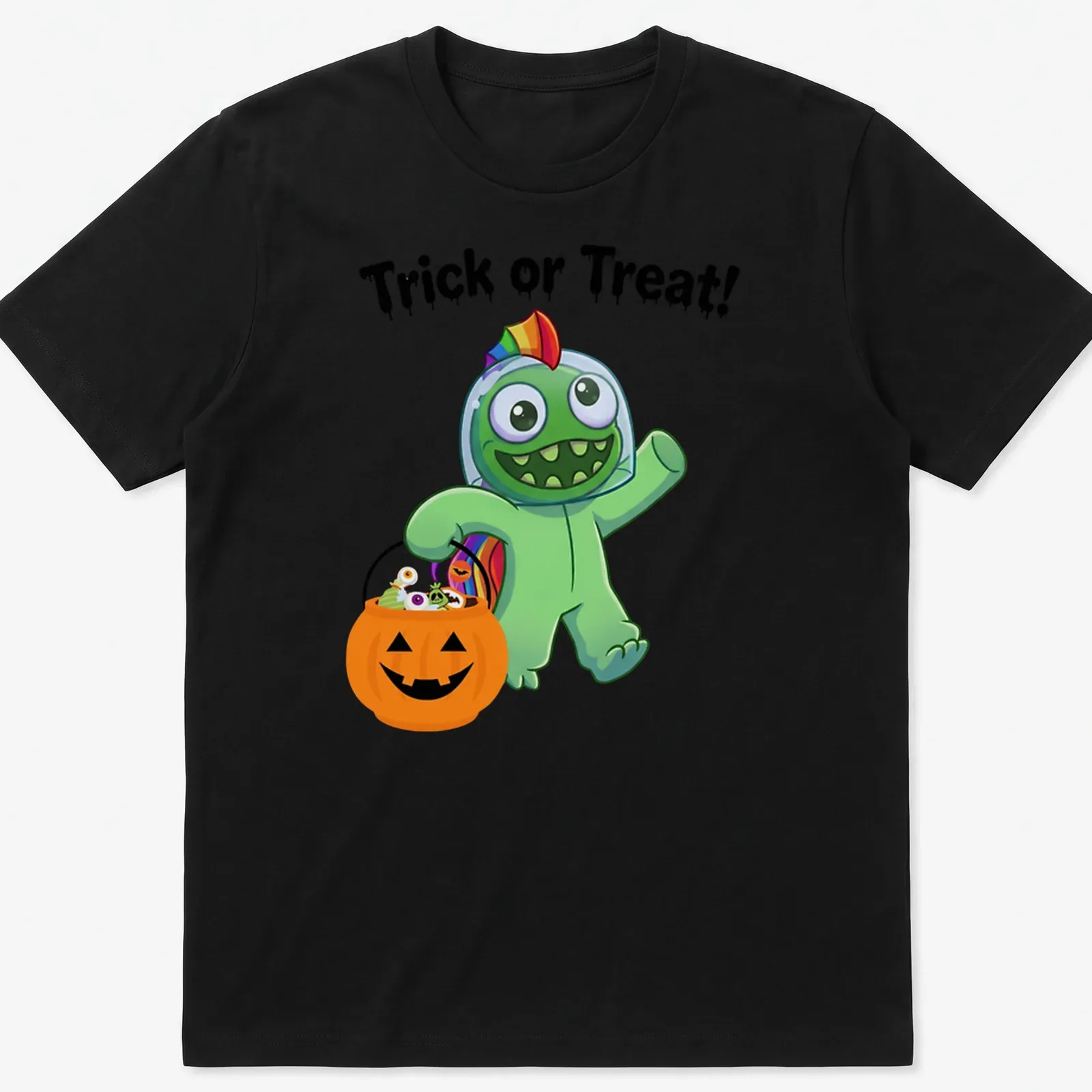 Cartoonish green monster with Trick or Treat text in orange and black. — printed on a unisex t-shirt