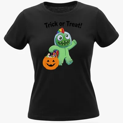 Cartoonish green monster with Trick or Treat text in orange and black. — printed on a women's shirt