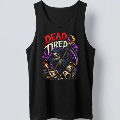 Vibrant cartoon graphic of the Grim Reaper with 'DEAD Tired' text — printed on a tank top