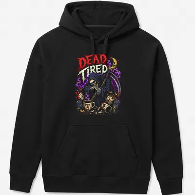 Vibrant cartoon graphic of the Grim Reaper with 'DEAD Tired' text — printed on a unisex hoodie