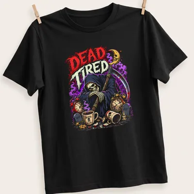 Vibrant cartoon graphic of the Grim Reaper with 'DEAD Tired' text