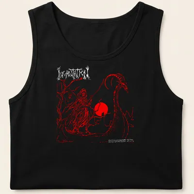 Grim Reaper silhouette against a bold red sun in a minimalist style — printed on a tank top