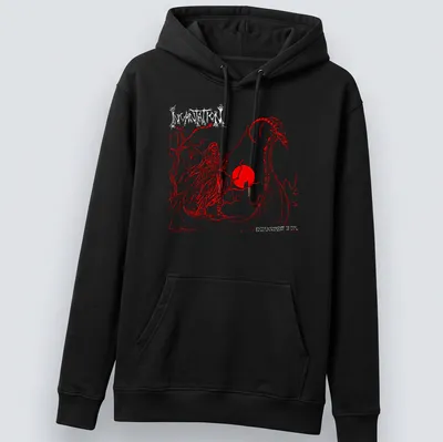 Grim Reaper silhouette against a bold red sun in a minimalist style — printed on a unisex hoodie