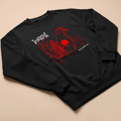Grim Reaper silhouette against a bold red sun in a minimalist style — printed on a unisex sweatshirt