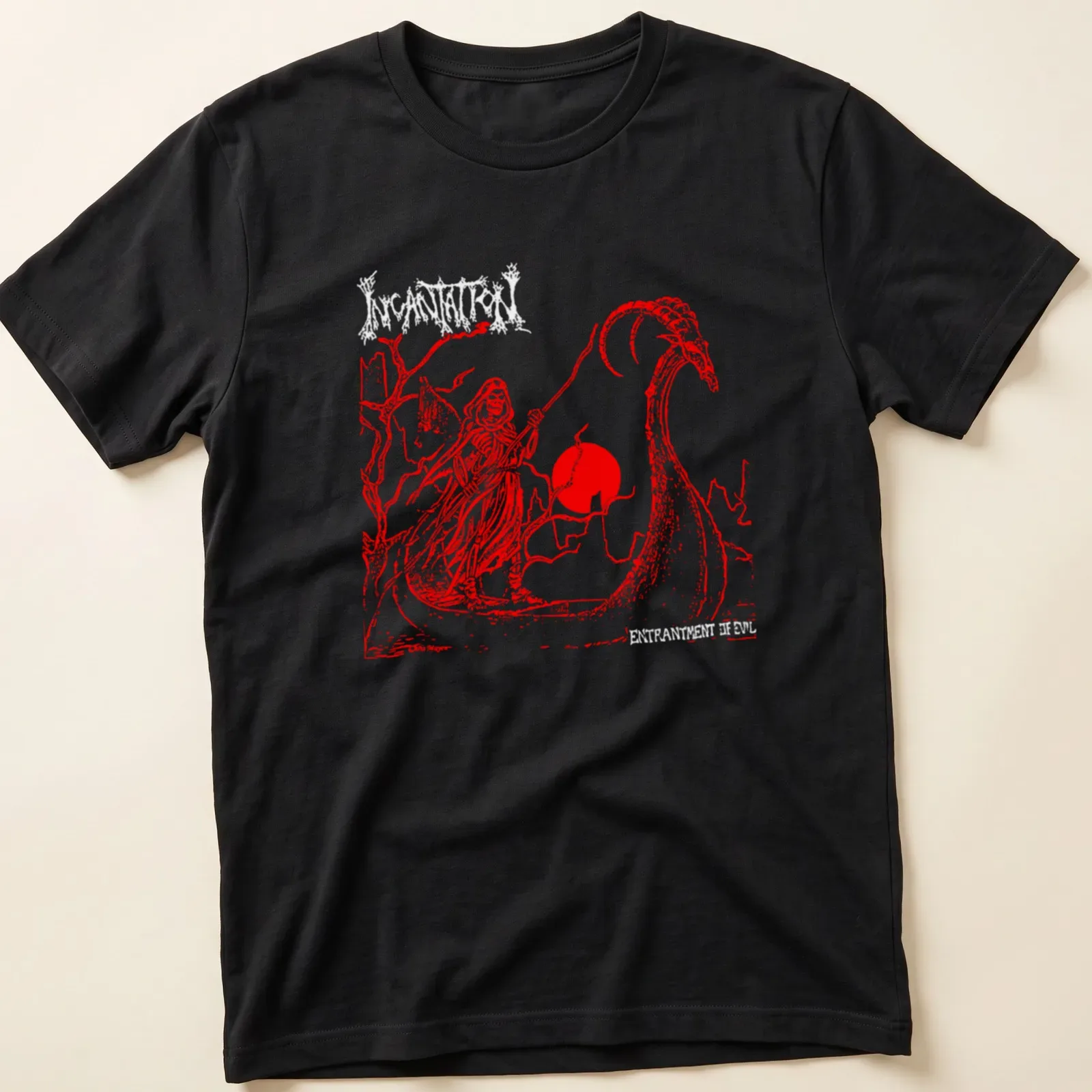 Grim Reaper silhouette against a bold red sun in a minimalist style — printed on a unisex t-shirt