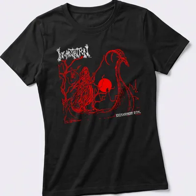 Grim Reaper silhouette against a bold red sun in a minimalist style — printed on a women's shirt