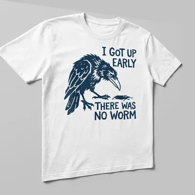 Bold illustration of a grumpy raven with text about early rising and no worm — printed on a unisex t-shirt (angled view)