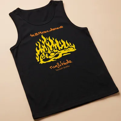 Bold line-art of a guitar surrounded by flames with text about demons. — printed on a tank top