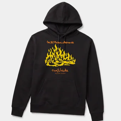 Bold line-art of a guitar surrounded by flames with text about demons. — printed on a unisex hoodie